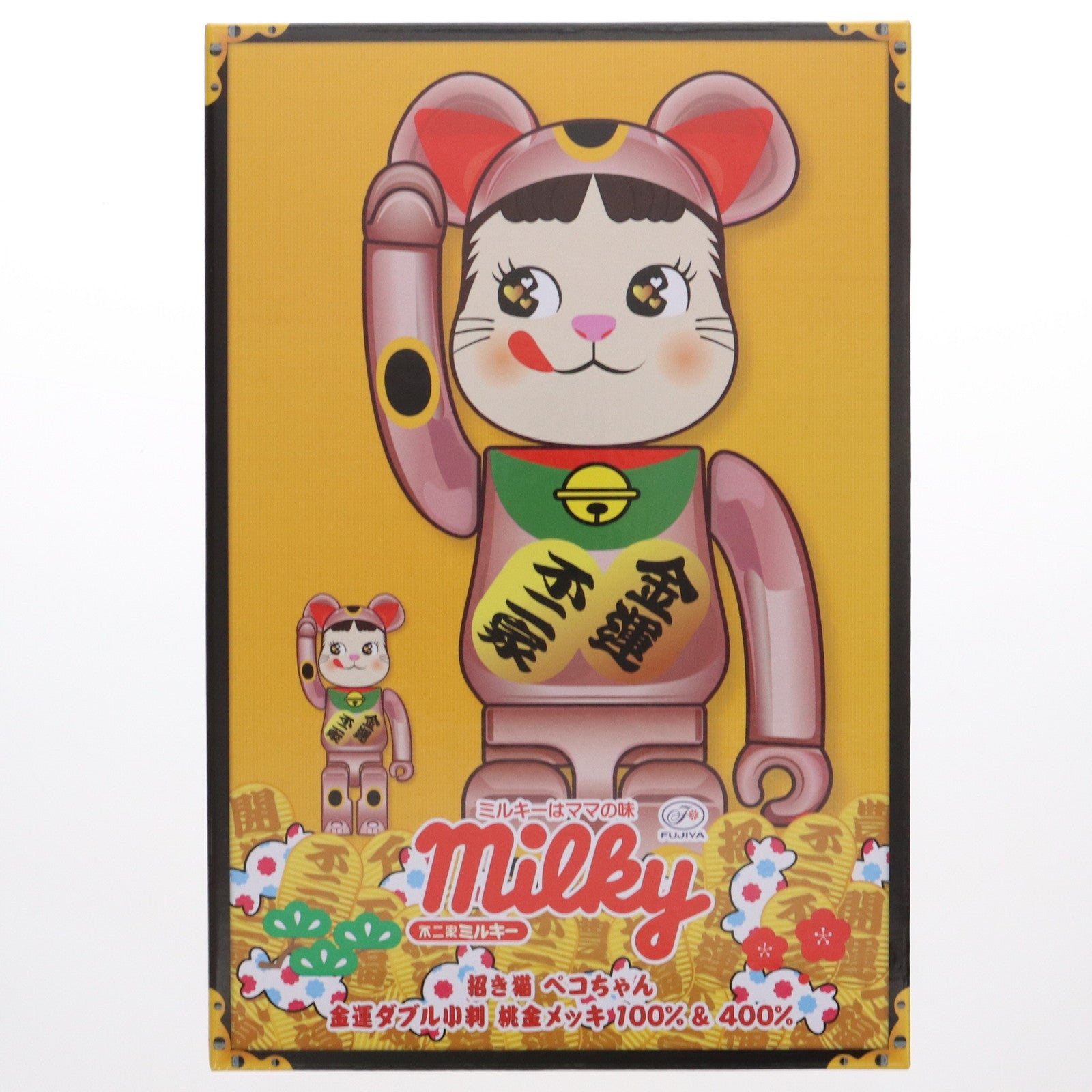 【中古即納】[FIG]ファミリータウン限定 BE@RBRICK(ベアブリック) 招き猫 ペコちゃん 金運ダブル小判 桃金メッキ 100% & 400%  不二家 完成品 可動フィギュア メディコム・トイ/不二家(20231231)