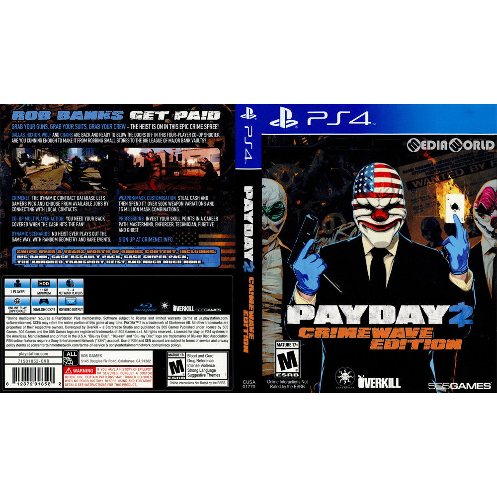 【中古即納】[お得品][表紙説明書なし][PS4] PAYDAY 2(ペイデイ2) Crimewave Edition 北米版 505 Games(CUSA-01770)(20150616)
