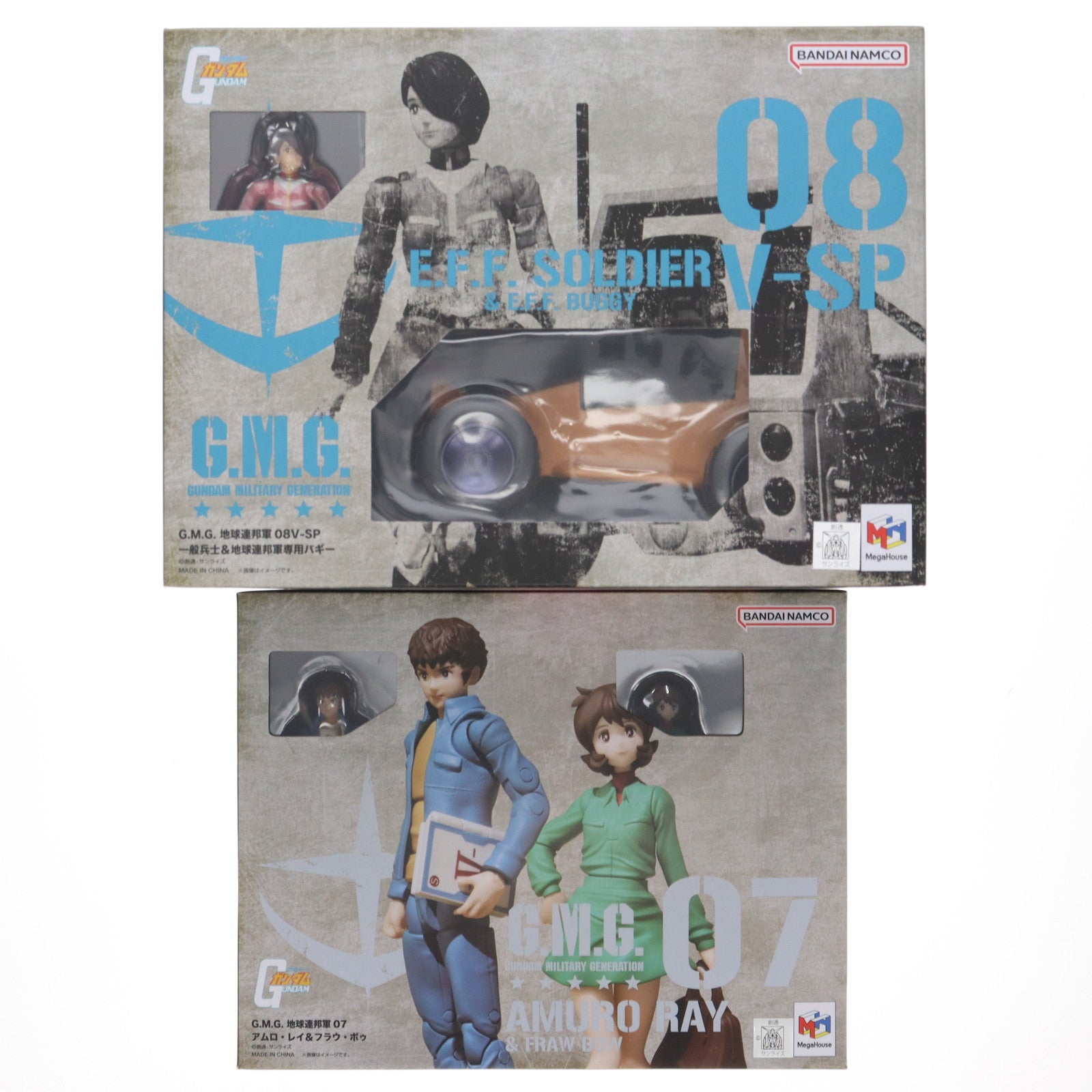 【中古即納】[FIG] ポンチョ&スタンド無し G.M.G. 地球連邦軍 07 アムロ&フラウ、08V-SP 一般兵士&バギー セットボックス 機動戦士ガンダム 完成品 可動フィギュア プレミアムバンダイ限定 メガハウス(20240129)