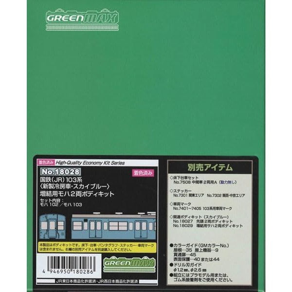 【新品即納】[RWM] 18028 国鉄(JR) 103系(新製冷房車・スカイブルー) 増結用モハ2両ボディキット ハイクオリティエコノミーキット 着色済み組立てキット Nゲージ 鉄道模型 GREENMAX(グリーンマックス) (20220831)
