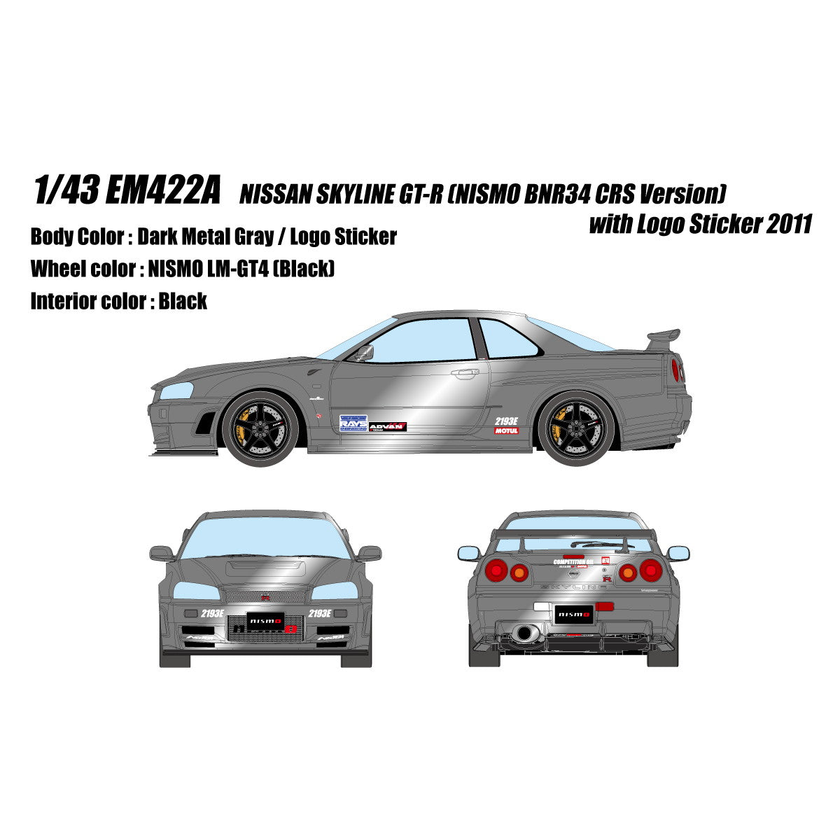 【新品即納】[MDL] 1/43 NISSAN SKYLINE(スカイライン) GT-R(NISMO BNR34 CRS Version) ダークメタルグレー ロゴステッカー付 2011 完成品 ミニカー(EM422A) EIDOLON(アイドロン) (20240930)