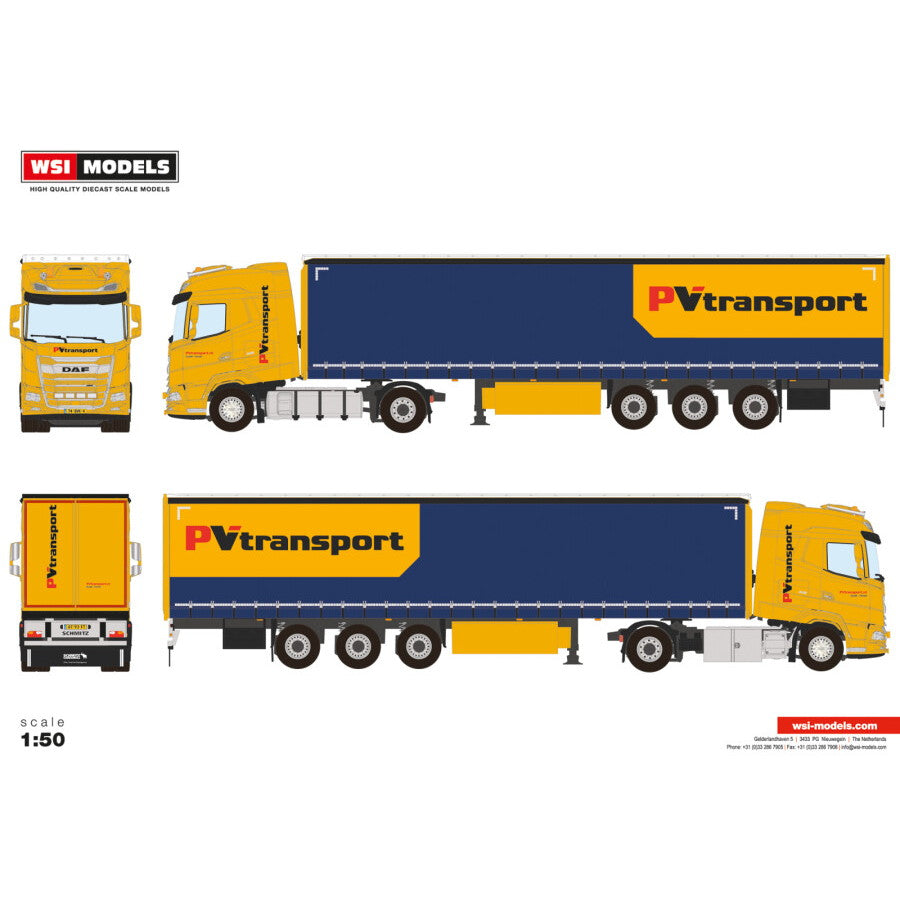 【予約安心出荷】[MDL] 1/50 PV Transport DAF(ダフ) XG 4X2 CURTAINSIDE TRAILER - 3 AXLE 完成品 ミニカー(01-4534) WSI MODELS(2025年3月)