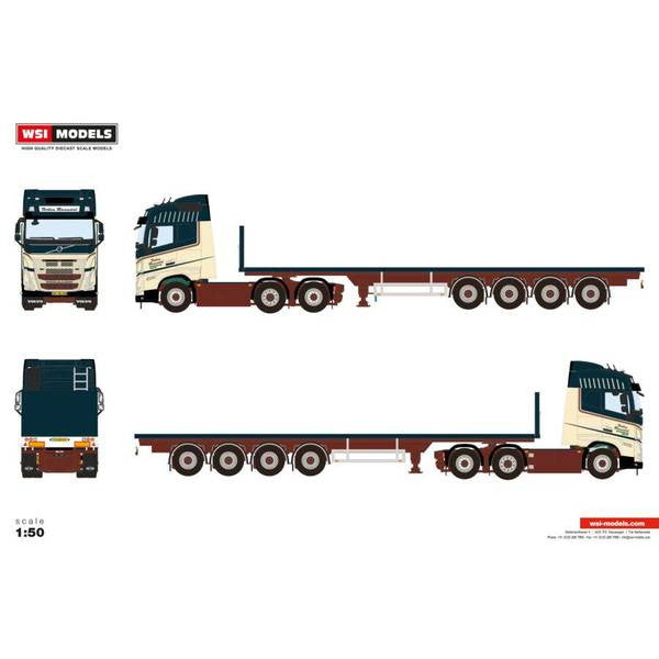 【予約安心出荷】[MDL] 1/50 Torben Ramsdal VOLVO FH5 GLOBETROTTER 6X2 TAG AXLE FLATBED TRAILER - 4 AXLE 完成品 ミニカー(01-4489) WSI MODELS(2025年5月)