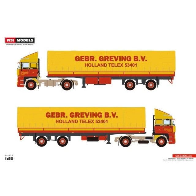 【予約安心出荷】[MDL] 1/50 DAF Gebr. Greving Transport DAF 3300 4X2 CLASSIC CURTAINSIDER TRAILER - 2 AXLE 完成品 ミニカー(01-4478) WSI MODELS(2025年5月)