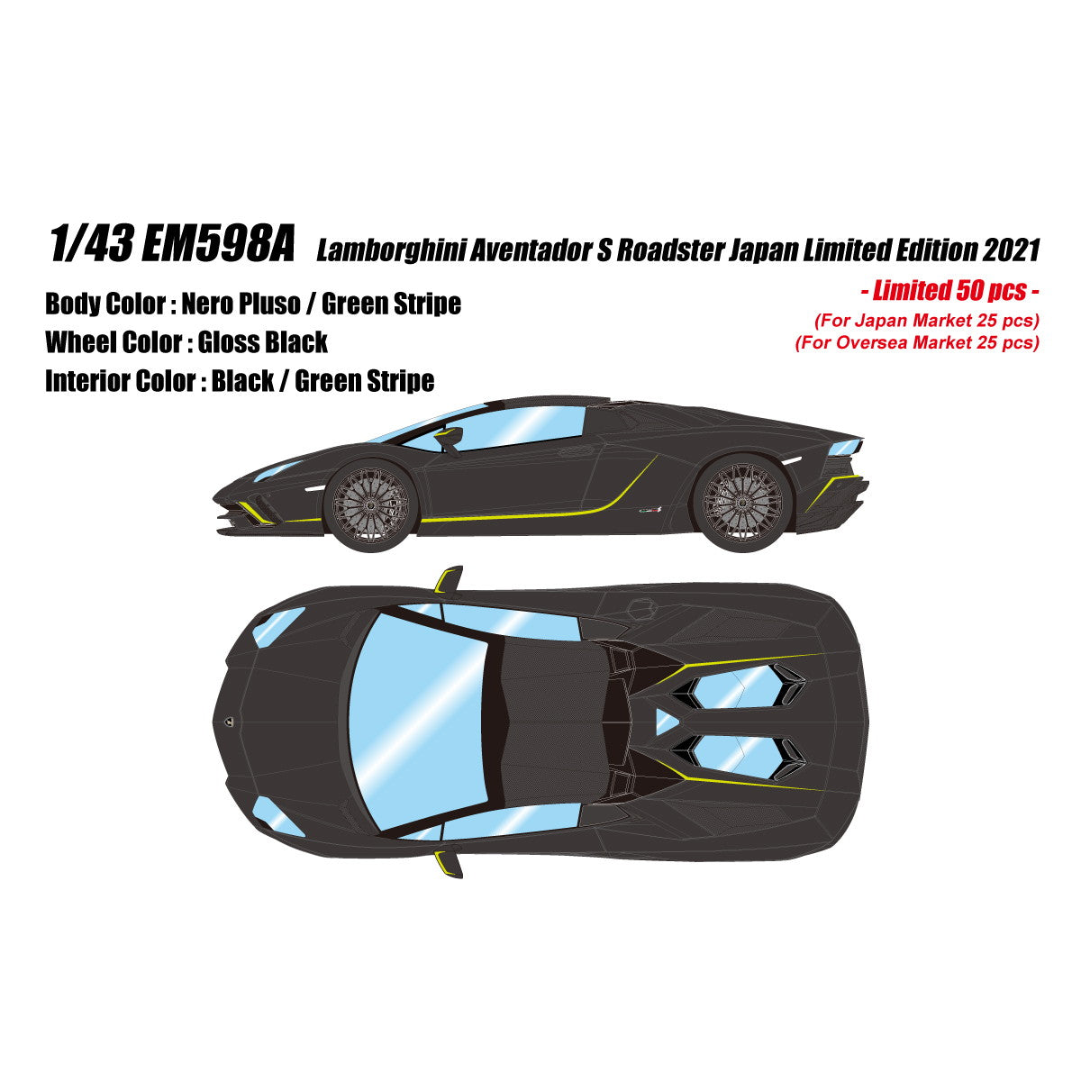 【予約安心出荷】[MDL] 1/43 Lamborghini Aventador(ランボルギーニ アヴェンタドール) S Roadster Japan Limited Edition 2021 ネロプルソ/グリーンストライプ 完成品 ミニカー(EM598A) EIDOLON(アイドロン)(2025年6月)