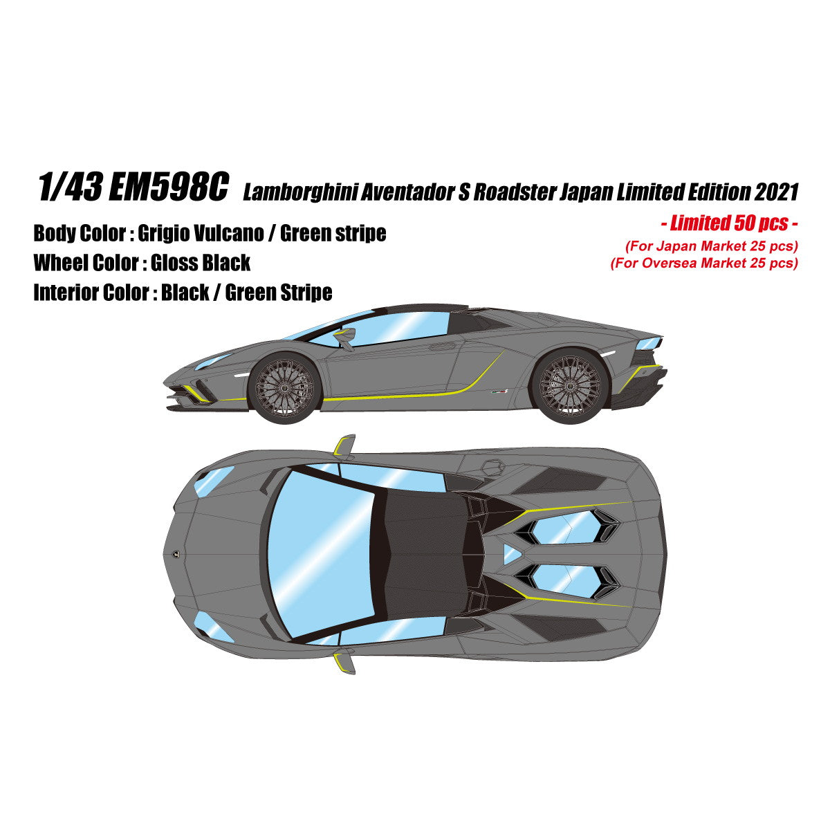 【予約安心出荷】[MDL] 1/43 Lamborghini Aventador(ランボルギーニ アヴェンタドール) S Roadster Japan Limited Edition 2021 グリジオバルカノ/グリーンストライプ 完成品 ミニカー(EM598C) EIDOLON(アイドロン)(2025年6月)