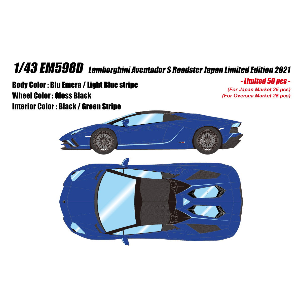 【予約安心出荷】[MDL] 1/43 Lamborghini Aventador(ランボルギーニ アヴェンタドール) S Roadster Japan Limited Edition 2021 ブルーエメラ/ライトブルーストライプ 完成品 ミニカー(EM598D) EIDOLON(アイドロン)(2025年6月)