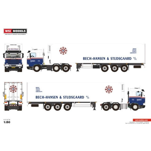 【予約安心出荷】[MDL] 1/50 Bech Hansen & Studsgaard SCANIA(スカニア) 3 SERIES STREAMLINE 6X2 TWIN STEER REEFER TRAILER - 3 AXLE 完成品 ミニカー(01-4731) WSI MODELS(2025年11月)
