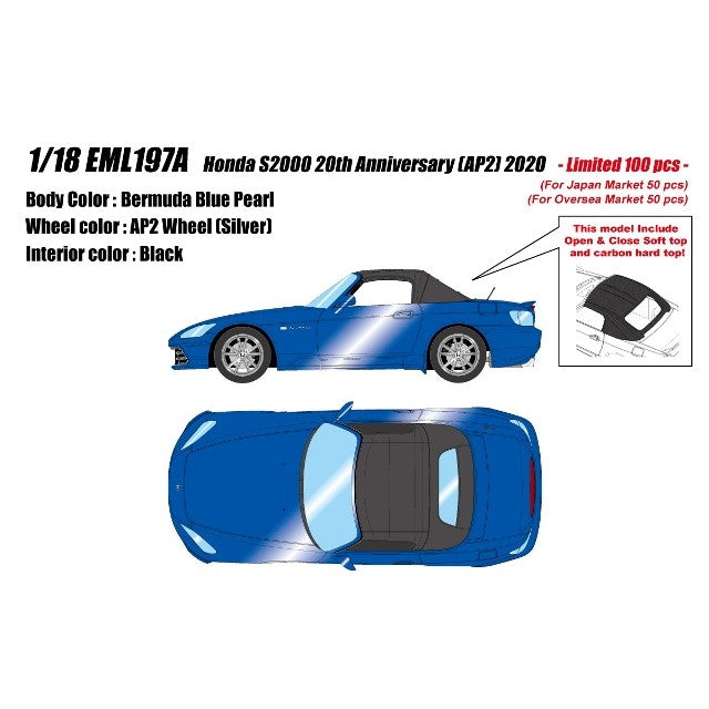 【予約安心出荷】[MDL] 1/18 Honda S2000 20th Anniversary(AP2) 2020 バミューダブルーパール 完成品 ミニカー(EML197A) EIDOLON(アイドロン)(2025年12月)
