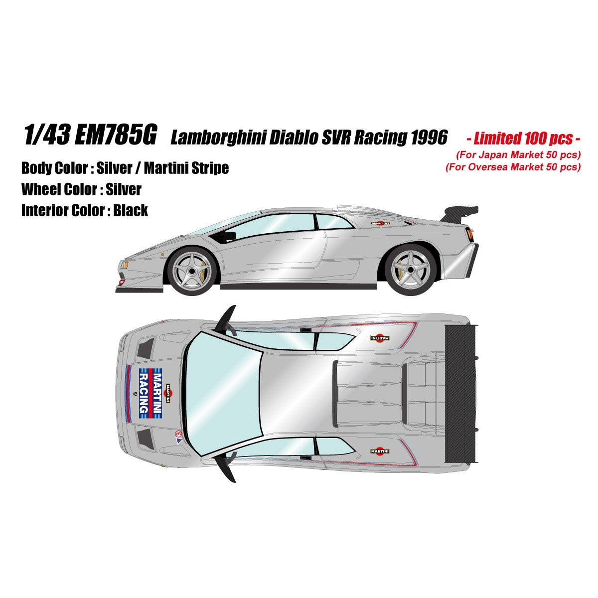 【予約安心出荷】[MDL] 1/43 Lamborghini Diablo(ランボルギーニ ディアブロ) SVR Racing 1996 シルバー/マルティニストライプ 完成品 ミニカー(EM785G) EIDOLON(アイドロン)(2025年12月)