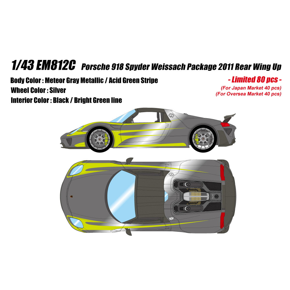【予約安心出荷】[MDL] EIDOLON COLLECTION(アイドロンコレクション) 1/43 Porsche(ポルシェ) 918 Spyder weissach package 2011 Rear Wing up メテオグレーメタリック/アシッドグリーンストライプ 完成品 ミニカー(EM812C) EIDOLON(アイドロン)(2025年12月)