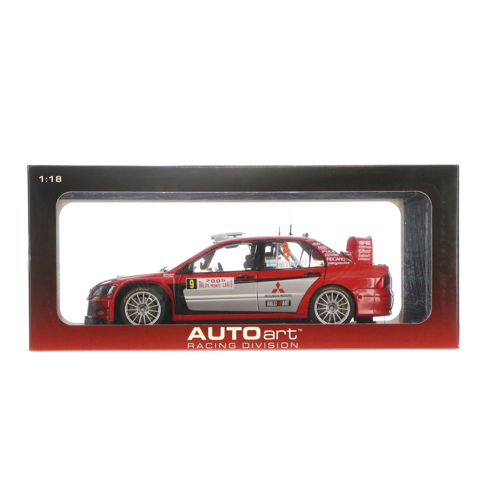 【中古即納】[MDL] RACING DIVISION 1/18 MITSUBISHI LANCER WRC05 RALLY OF MONTE CARLO NGK #9(レッド×シルバー) 完成品 ミニカー(80540) AutoArt(オートアート)(20071110)