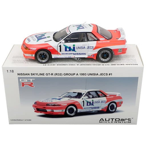 【中古即納】[MDL] MILLENNIUM 1/18 NISSAN SKYLINE(スカイライン) GT-R R32 GROUP A 1993 UNISIA JECS #1(ホワイト×レッド) 完成品 ミニカー(89378) AUTOart(オートアート)(20080531)