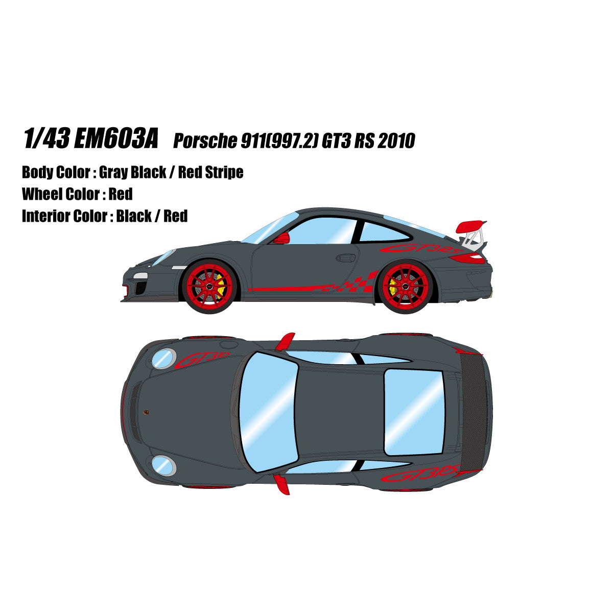 【予約安心出荷】[MDL] 1/43 Porsche(ポルシェ) 911(997.2) GT3 RS 2010 グレーブラック/レッドストライプ 完成品 ミニカー(EM603A) EIDOLON(アイドロン)(2026年3月)