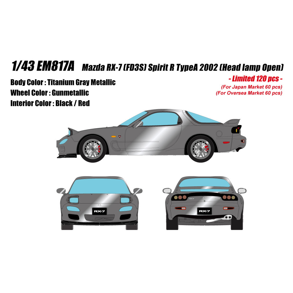【予約安心出荷】[MDL] 1/43 Mazda(マツダ) RX-7 FD3S Spirit R TypeA Head Lamp open ver. チタニウムグレーメタリック 完成品 ミニカー(EM817A) EIDOLON(アイドロン)(2026年3月)