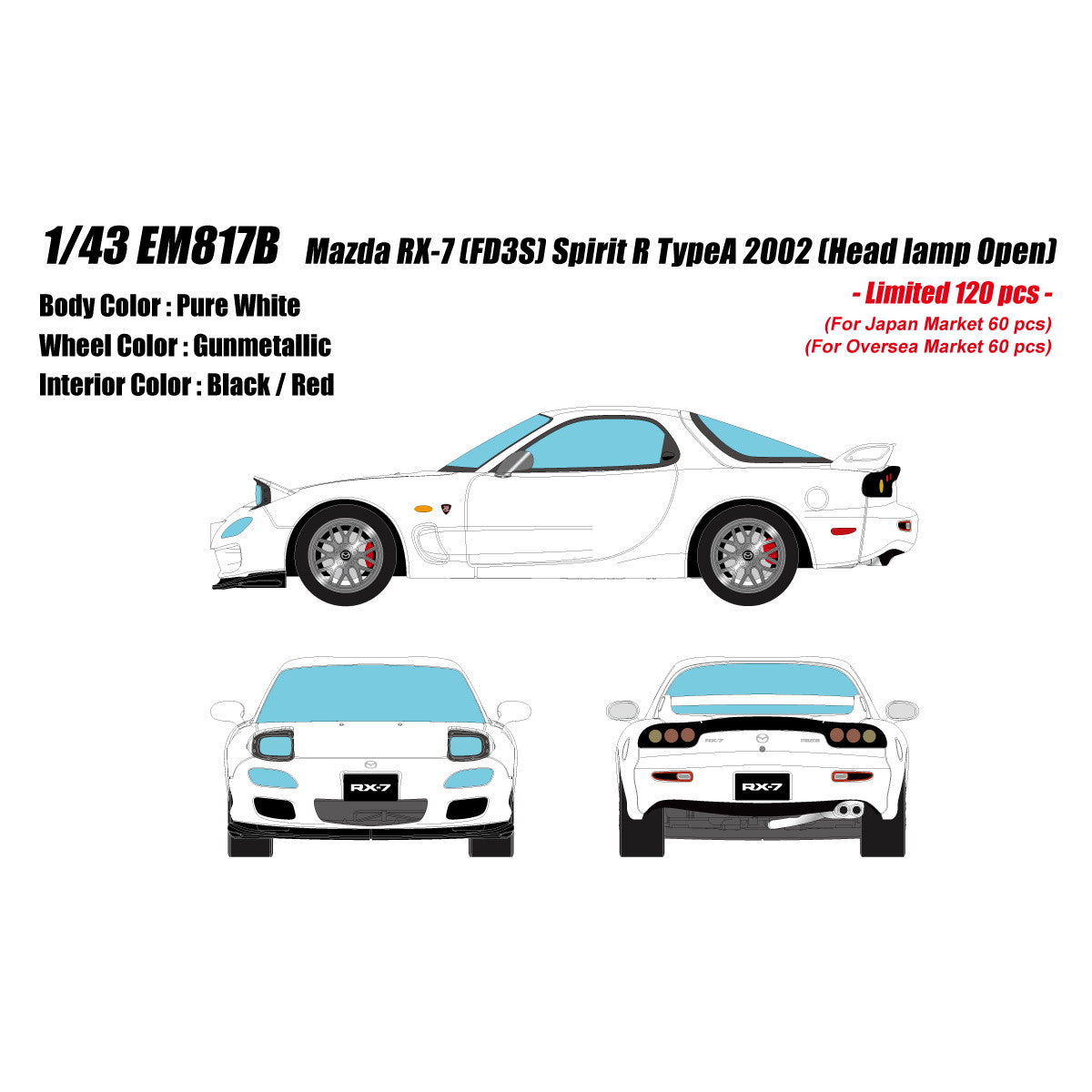 【予約安心出荷】[MDL] 1/43 Mazda(マツダ) RX-7 FD3S Spirit R TypeA Head Lamp open ver. ピュアホワイト 完成品 ミニカー(EM817B) EIDOLON(アイドロン)(2026年3月)