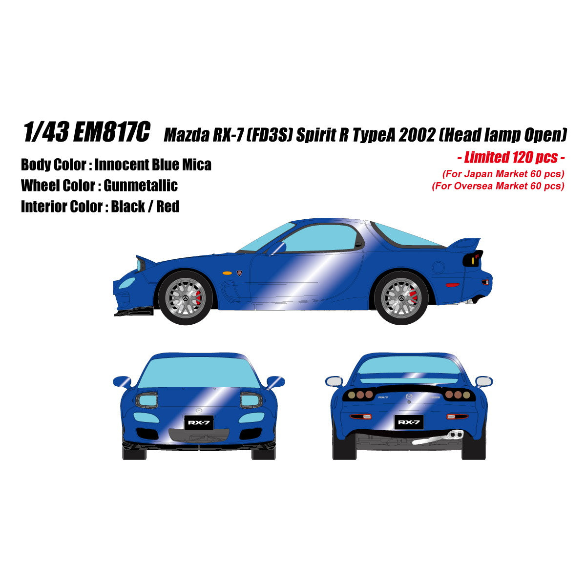 【予約安心出荷】[MDL] 1/43 Mazda(マツダ) RX-7 FD3S Spirit R TypeA Head Lamp open ver. イノセントブルーマイカ 完成品 ミニカー(EM817C) EIDOLON(アイドロン)(2026年3月)