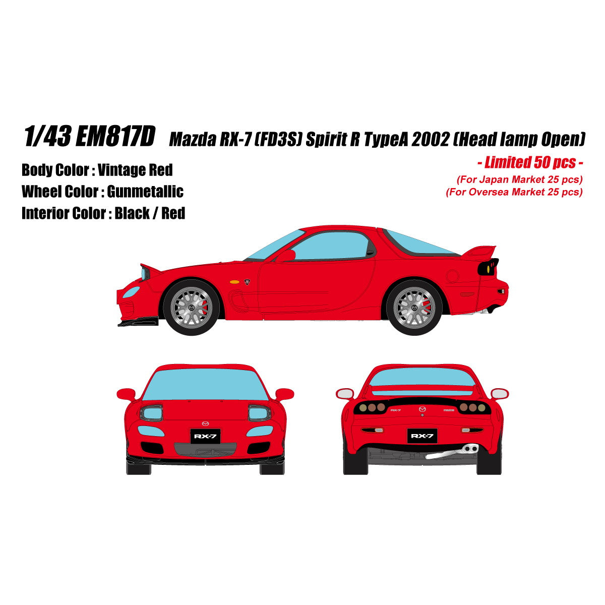 【予約安心出荷】[MDL] 1/43 Mazda(マツダ) RX-7 FD3S Spirit R TypeA Head Lamp open ver. ヴィンテージレッド 完成品 ミニカー(EM817D) EIDOLON(アイドロン)(2026年3月)