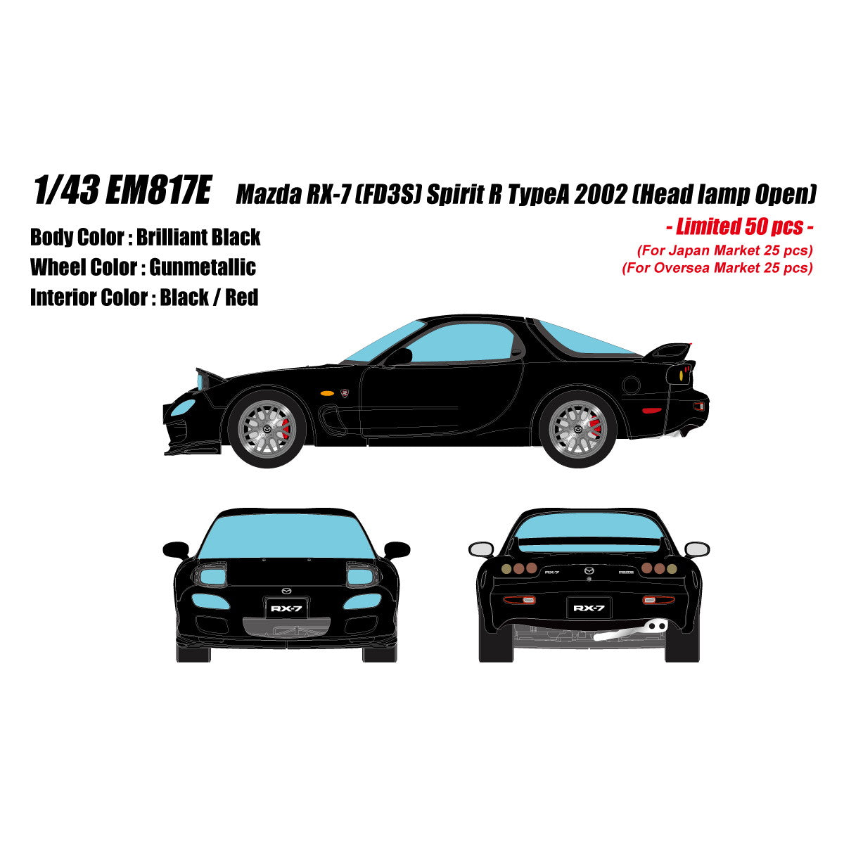 【予約安心出荷】[MDL] 1/43 Mazda(マツダ) RX-7 FD3S Spirit R TypeA Head Lamp open ver. ブリリアントブラック 完成品 ミニカー(EM817E) EIDOLON(アイドロン)(2026年3月)