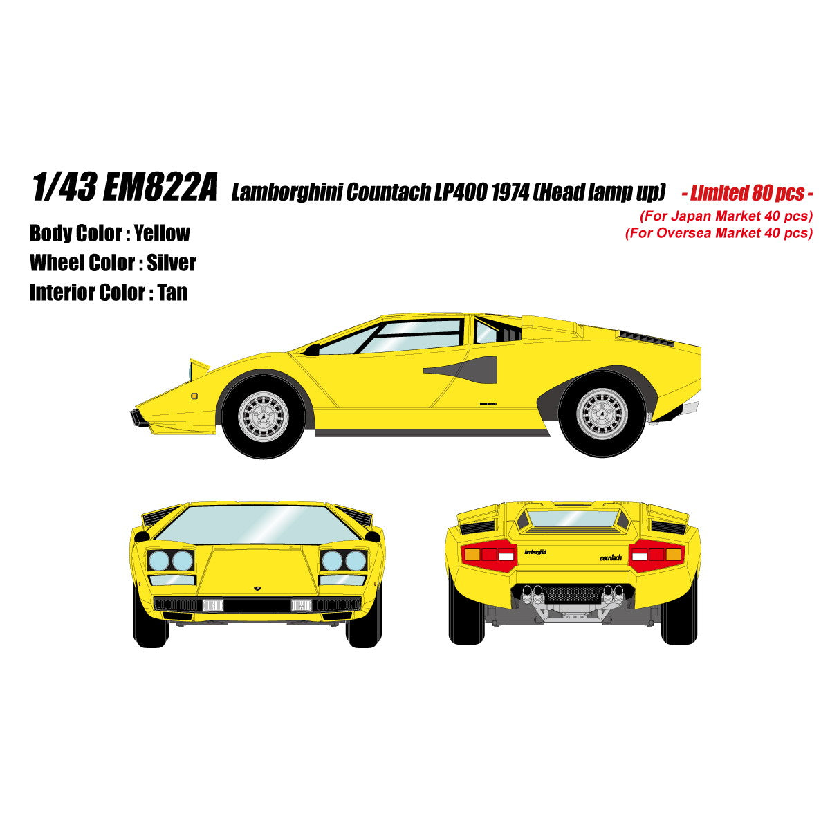 【予約安心出荷】[MDL] 1/43 Lamborghini Countach(ランボルギーニ カウンタック) LP400 1974 Head lamp open イエロー 完成品 ミニカー(EM822A) EIDOLON(アイドロン)(2026年3月)