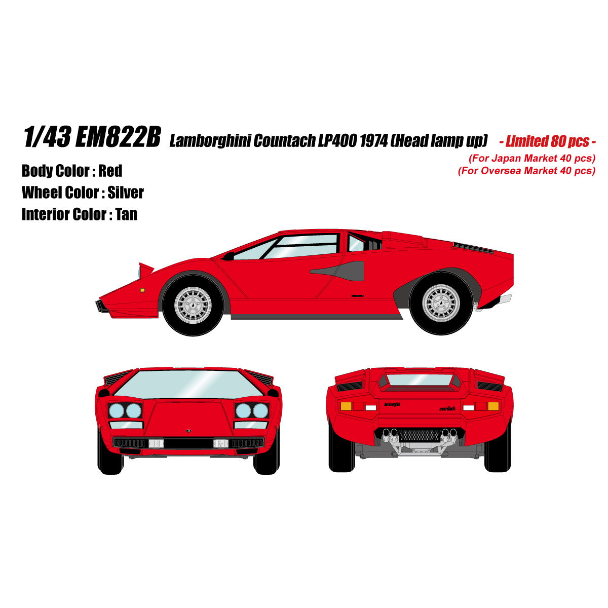 【予約安心出荷】[MDL] 1/43 Lamborghini Countach(ランボルギーニ カウンタック) LP400 1974 Head lamp open レッド 完成品 ミニカー(EM822B) EIDOLON(アイドロン)(2026年3月)