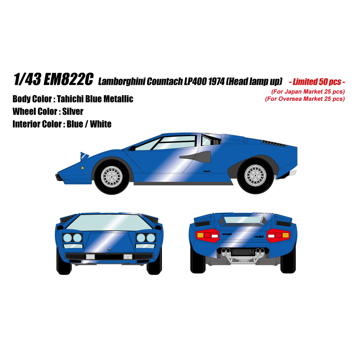 【予約安心出荷】[MDL] 1/43 Lamborghini Countach(ランボルギーニ カウンタック) LP400 1974 Head lamp open タヒチブルーメタリック 完成品 ミニカー(EM822C) EIDOLON(アイドロン)(2026年3月)