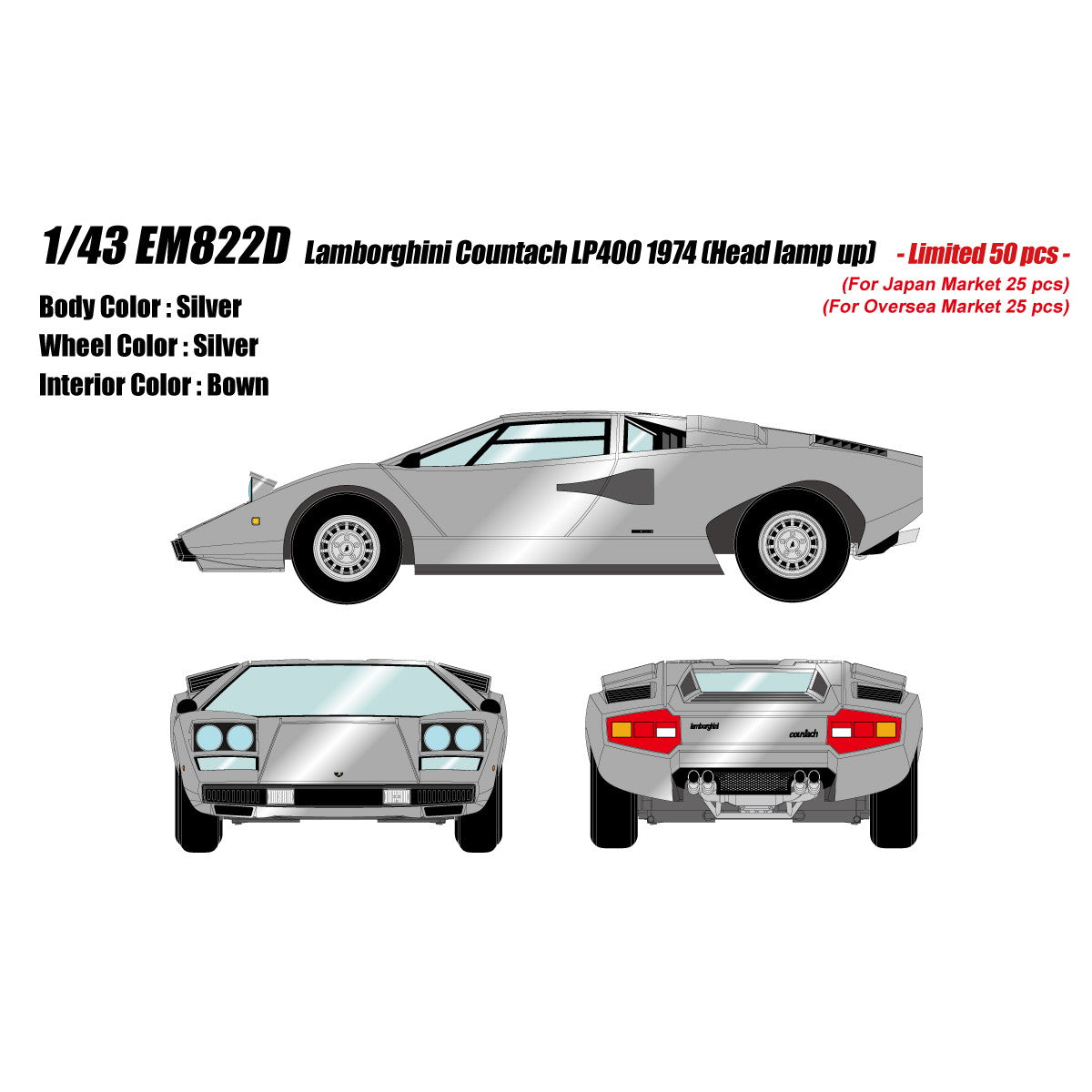 【予約安心出荷】[MDL] 1/43 Lamborghini Countach(ランボルギーニ カウンタック) LP400 1974 Head lamp open シルバー 完成品 ミニカー(EM822D) EIDOLON(アイドロン)(2026年3月)