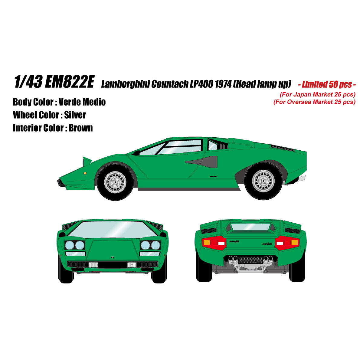 【予約安心出荷】[MDL] 1/43 Lamborghini Countach(ランボルギーニ カウンタック) LP400 1974 Head lamp open ヴェルデメディオ 完成品 ミニカー(EM822E) EIDOLON(アイドロン)(2026年3月)