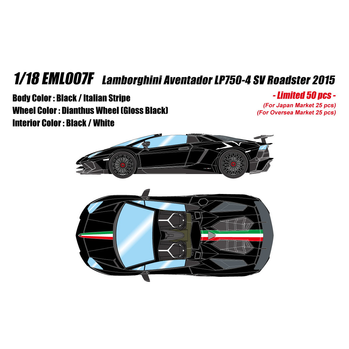 【予約安心出荷】[MDL] 1/18 Lamborghini Aventador(ランボルギーニ アヴェンタドール) LP750-4 SV Roadster 2015 ブラック/イタリアンストライプ 完成品 ミニカー(EML007F) EIDOLON(アイドロン)(2026年3月)