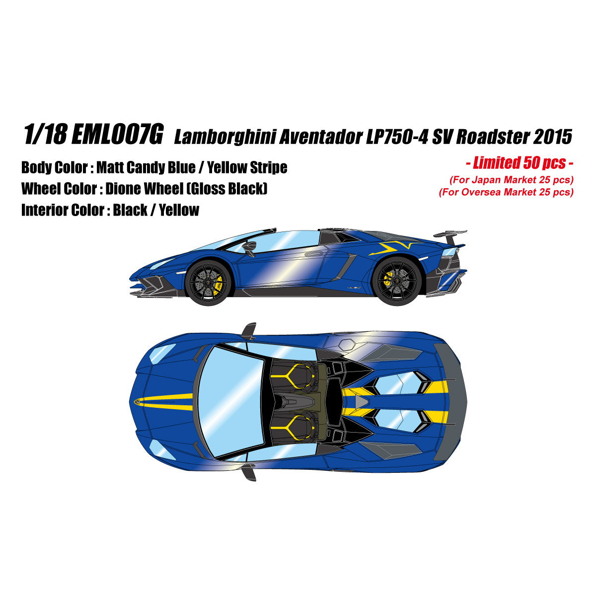 【予約安心出荷】[MDL] 1/18 Lamborghini Aventador(ランボルギーニ アヴェンタドール) LP750-4 SV Roadster 2015 マットキャンディブルー/イエローストライプ 完成品 ミニカー(EML007G) EIDOLON(アイドロン)(2026年3月)