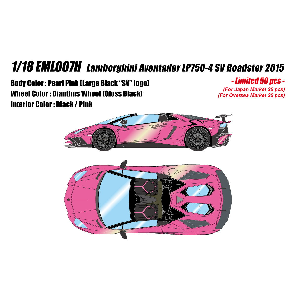【予約安心出荷】[MDL] 1/18 Lamborghini Aventador(ランボルギーニ アヴェンタドール) LP750-4 SV Roadster 2015 パールピンク(ブラックラージSVロゴ) 完成品 ミニカー(EML007H) EIDOLON(アイドロン)(2026年3月)