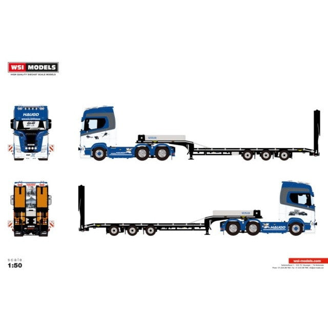 【予約安心出荷】[MDL] 1/50 Haugo Spesialoppdrag SCANIA S HIGHLINE(スカニア S ハイライン) CS20H 6X4 SEMI LOW LOADER WITH RAMPS - 3 AXLE(ランプ付き・3アクスル) 完成品 ミニカー(01-4974) WSI MODELS(2026年8月)