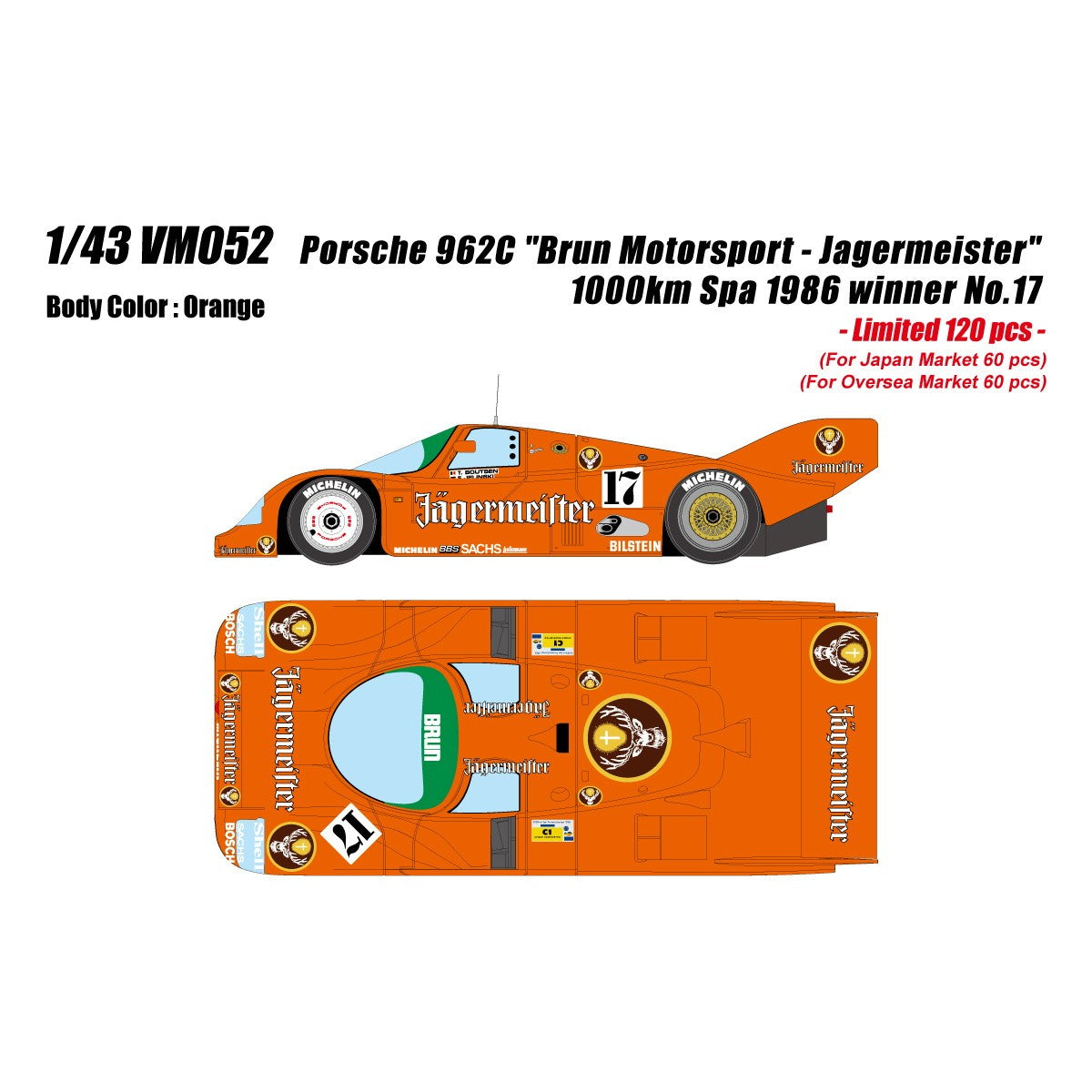 【予約安心出荷】[MDL] 1/43 ポルシェ 962C 『Brun Motorsport - Jagermeister』 1000km Spa 1986 ウィナー No.17 完成品 ミニカー(VM052) VISION(ヴィジョン)(2026年7月)