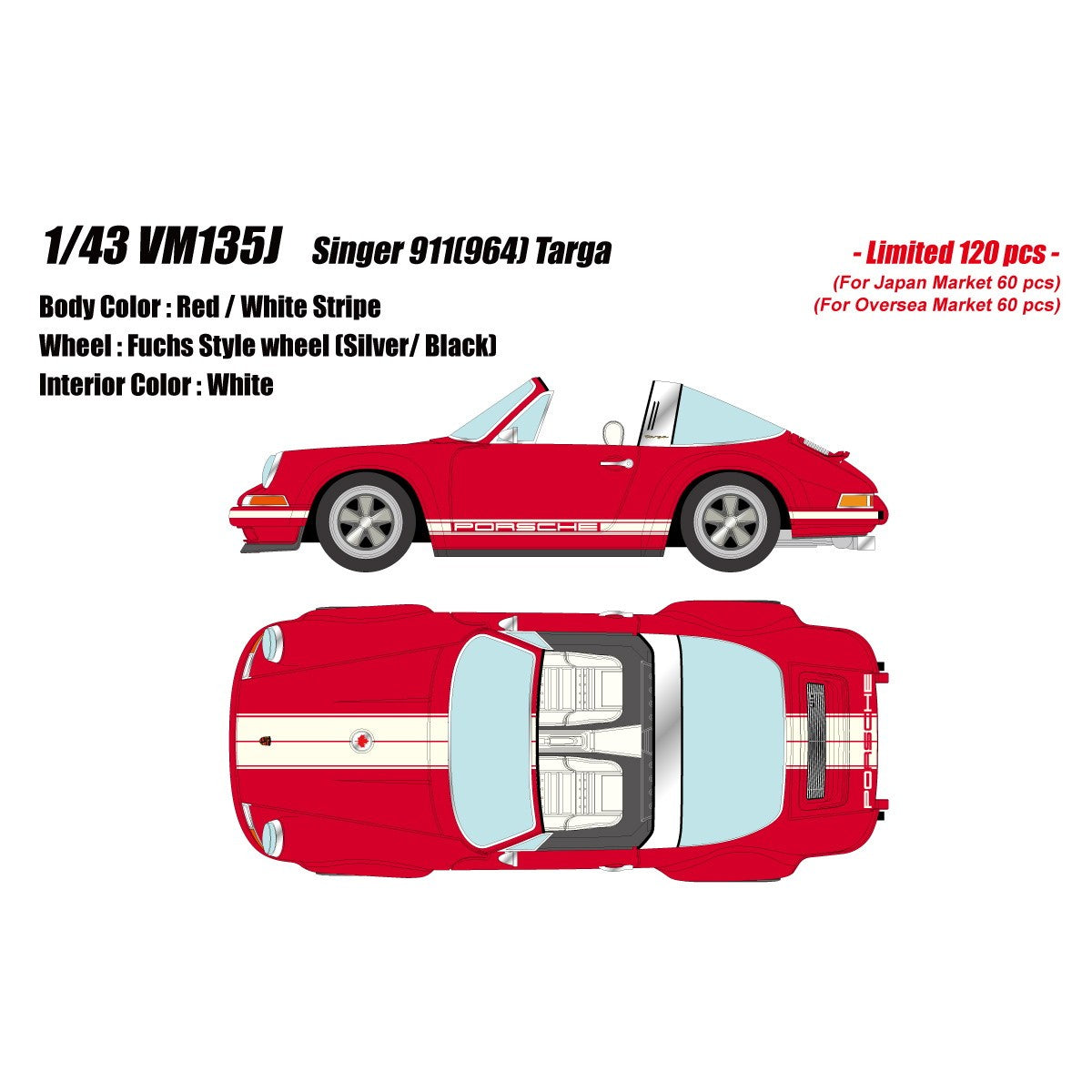 【予約安心出荷】[MDL] 1/43 Singer(シンガー) 911(964) Targa(タルガ) レッド / ホワイトストライプ 完成品 ミニカー(VM135J) VISION(ヴィジョン)(2026年8月)