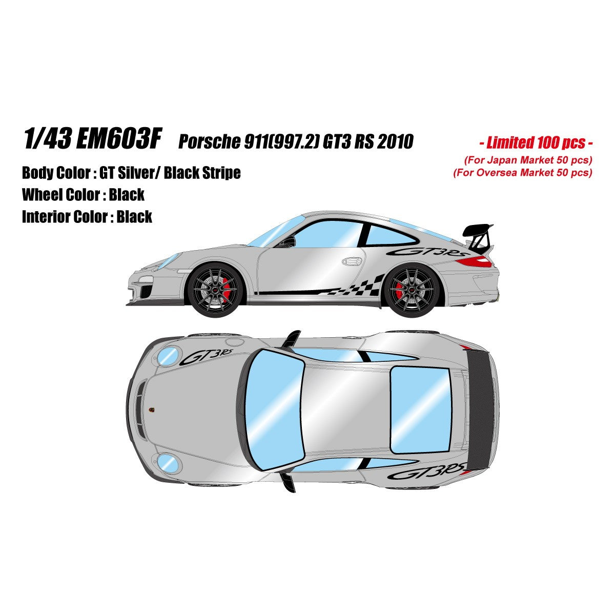 【予約安心出荷】[MDL] 1/43 Porsche(ポルシェ) 911(997.2) GT3 RS 2010 GTシルバーメタリック/ブラックストライプ 完成品 ミニカー(EM603F) EIDOLON(アイドロン)(2027年2月)