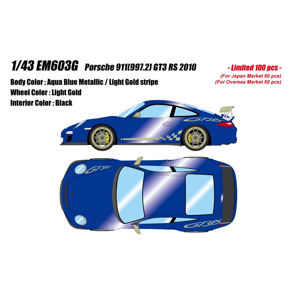 【予約安心出荷】[MDL] 1/43 Porsche(ポルシェ) 911(997.2) GT3 RS 2010 アクアブルーメタリック/ライトゴールドストライプ 完成品 ミニカー(EM603G) EIDOLON(アイドロン)(2027年2月)