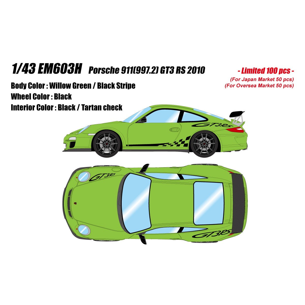 【予約安心出荷】[MDL] 1/43 Porsche(ポルシェ) 911(997.2) GT3 RS 2010 ウィローグリーン/ブラックストライプ 完成品 ミニカー(EM603H) EIDOLON(アイドロン)(2027年2月)