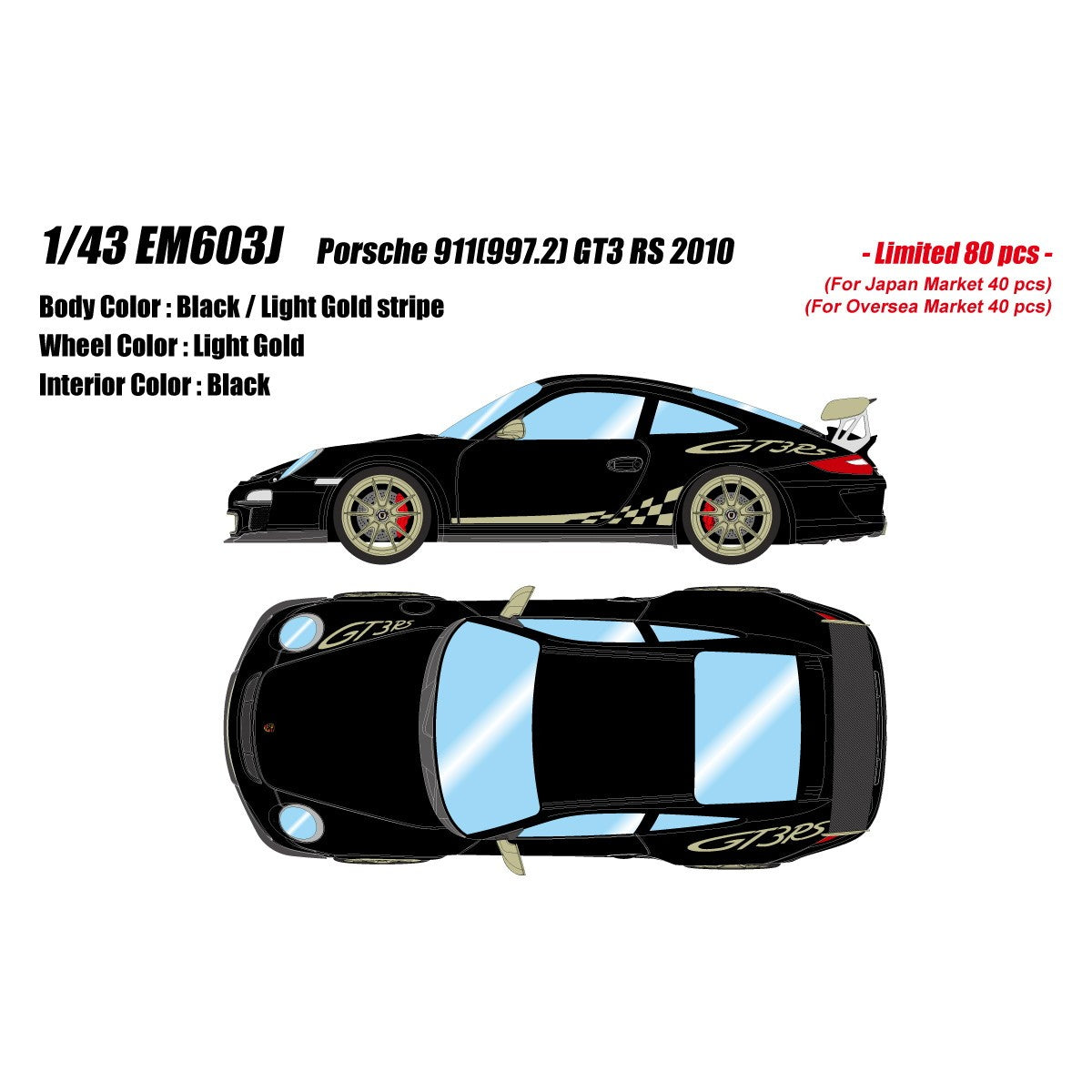 【予約安心出荷】[MDL] 1/43 Porsche(ポルシェ) 911(997.2) GT3 RS 2010 ブラック/ライトゴールドストライプ 完成品 ミニカー(EM603J) EIDOLON(アイドロン)(2027年2月)