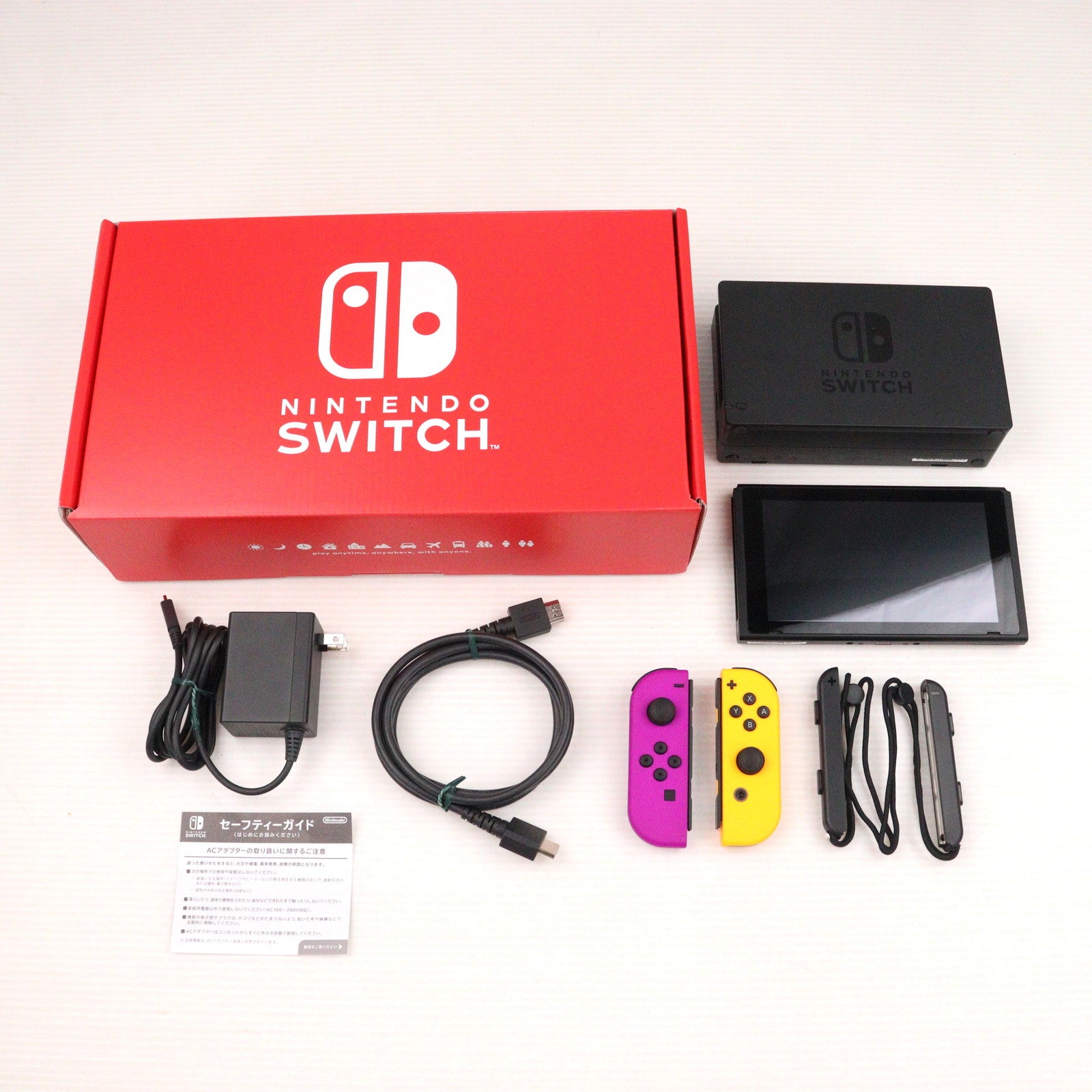 【中古即納】[Switch] (本体) Nintendo Tokyo限定 (新型)Nintendo Switch(ニンテンドースイッチ) Joy-Con(L) ネオンパープル/(R) ネオンオレンジ Joy-Conストラップ ブラック(HAD-S-KAEAA)(20191122)