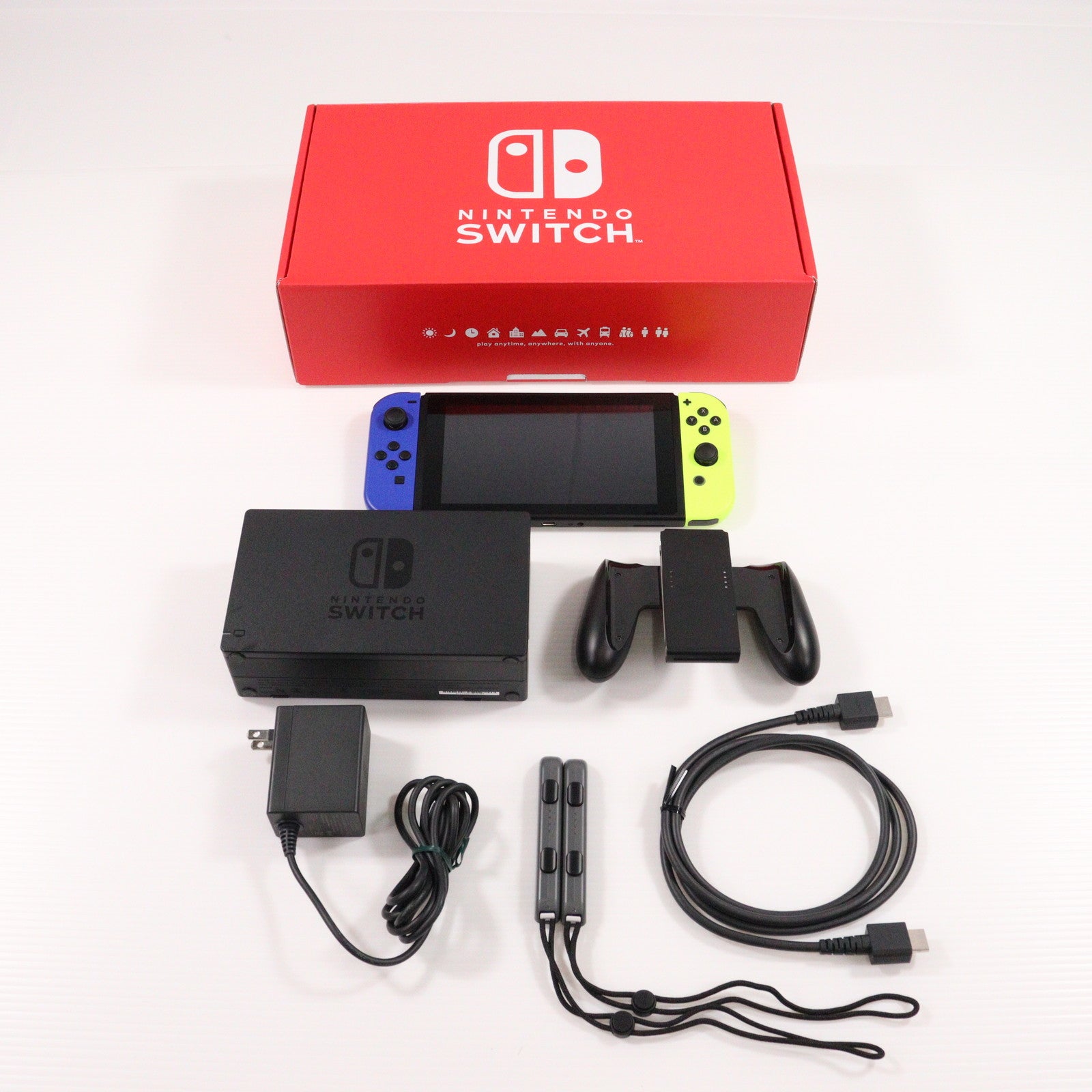 【中古即納】[Switch] (本体) マイニンテンドーストア限定 (新型)Nintendo Switch(ニンテンドースイッチ) カスタマイズ Joy-Con(L) ネオンパープル/(R) ネオンイエロー Joy-Conストラップ グレー 任天堂(HAD-S-KAYAA)(20190830)