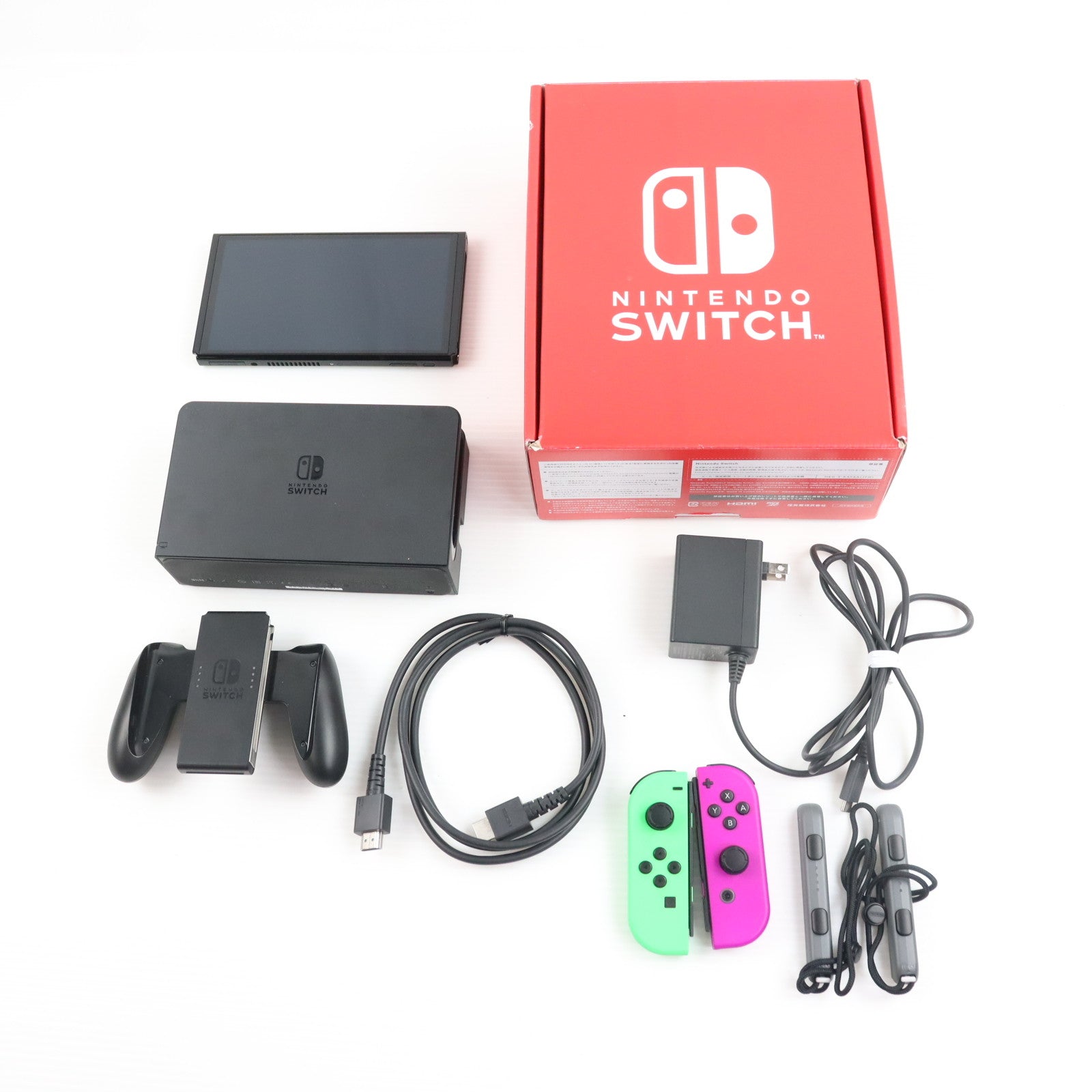 【中古即納】[Switch] (本体) マイニンテンドーストア限定 Nintendo Switch(ニンテンドースイッチ) 有機ELモデル カスタマイズ Joy-Con(L) ネオングリーン/(R) ネオンパープル Joy-Conストラップ ブラック 任天堂(HEG-S-KAYAA)(20211008)