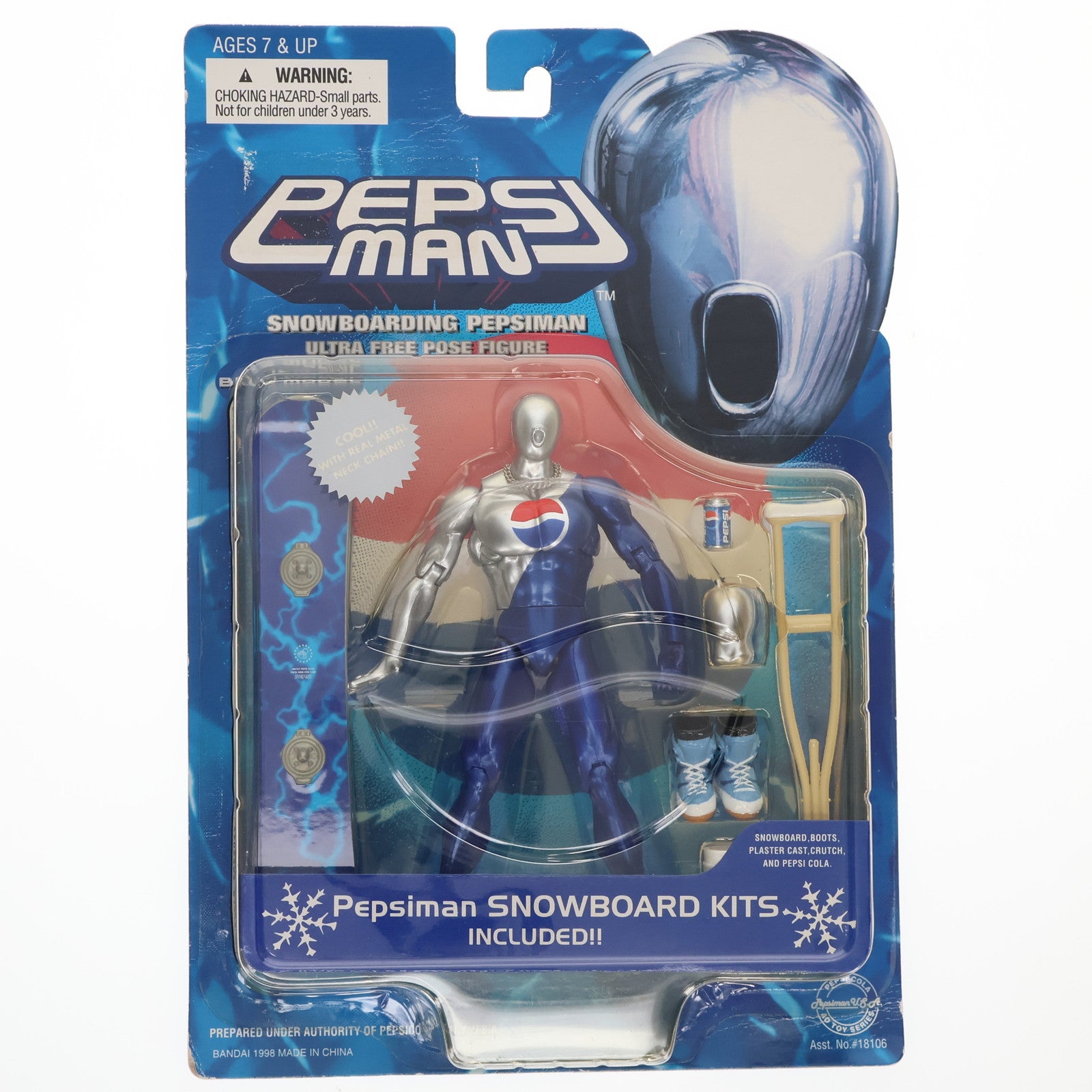 【中古即納】[FIG] ウルトラフリーポーズフィギュア ペプシマン(ブルー)+スノーボードキット ペプシマン 完成品 可動フィギュア バンダイ(19991231)