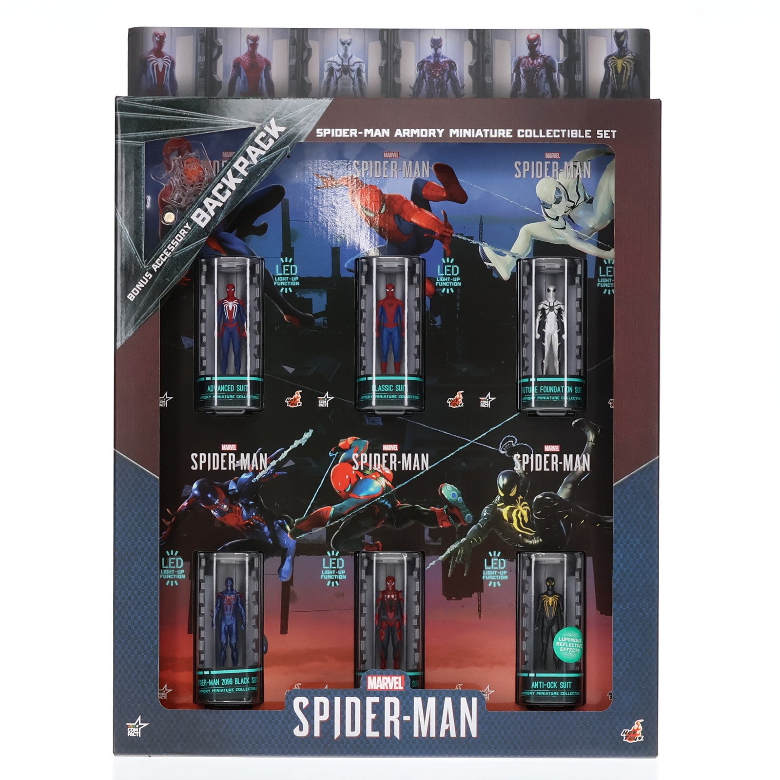 【中古即納】[FIG] トイサピエンス限定 ビデオゲーム・マスターピース COMPACT ミニチュア・フィギュア シリーズ1 スパイダースーツ格納庫(6体セット)[ボーナスアクセサリー付き] Marvel's Spider-Man(スパイダーマン) 完成品(VGMCOM#008) ホットトイズ(20200630)