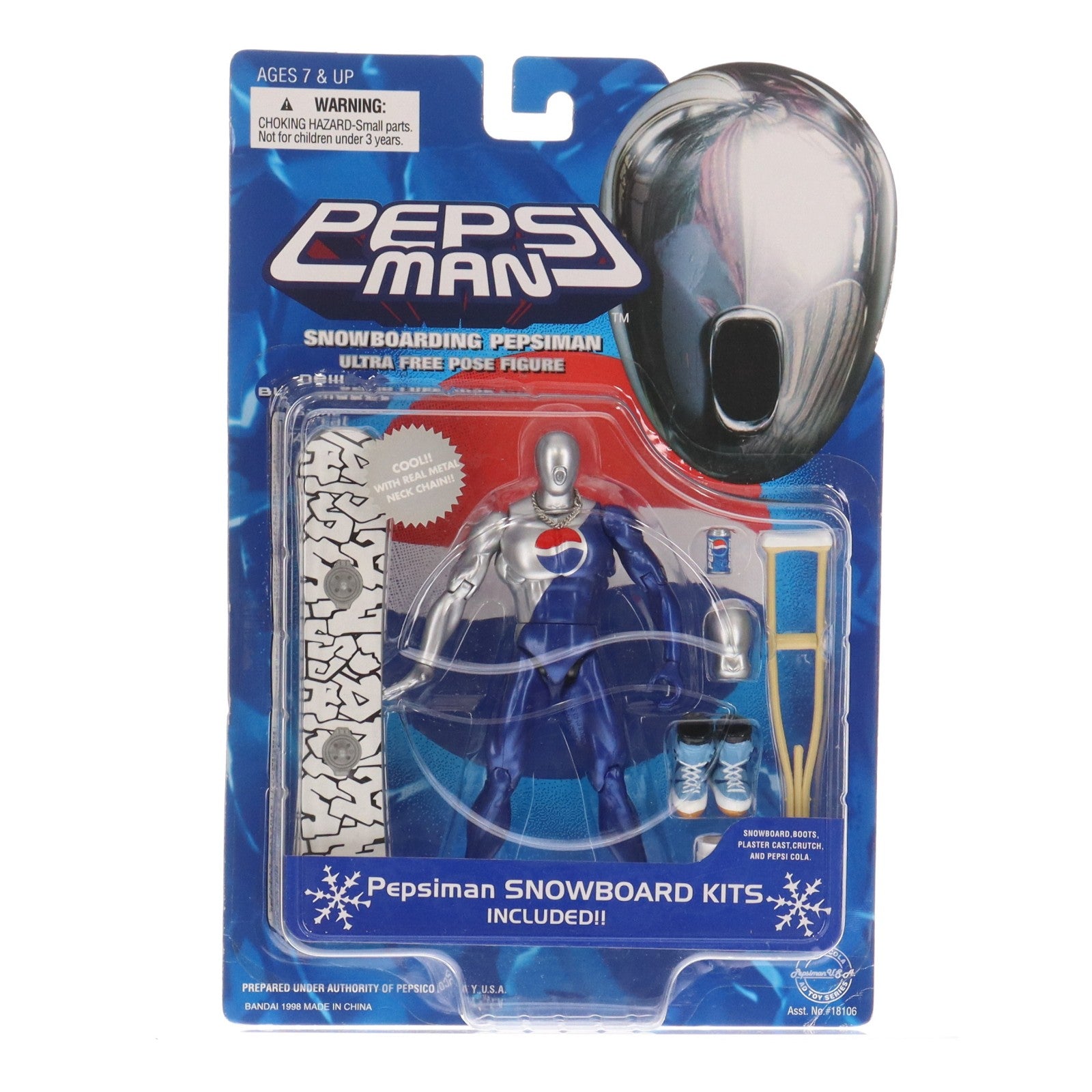 【中古即納】[FIG] ウルトラフリーポーズフィギュア ペプシマン(ブルー)+スノーボードキット ペプシマン 完成品 可動フィギュア バンダイ(19991231)