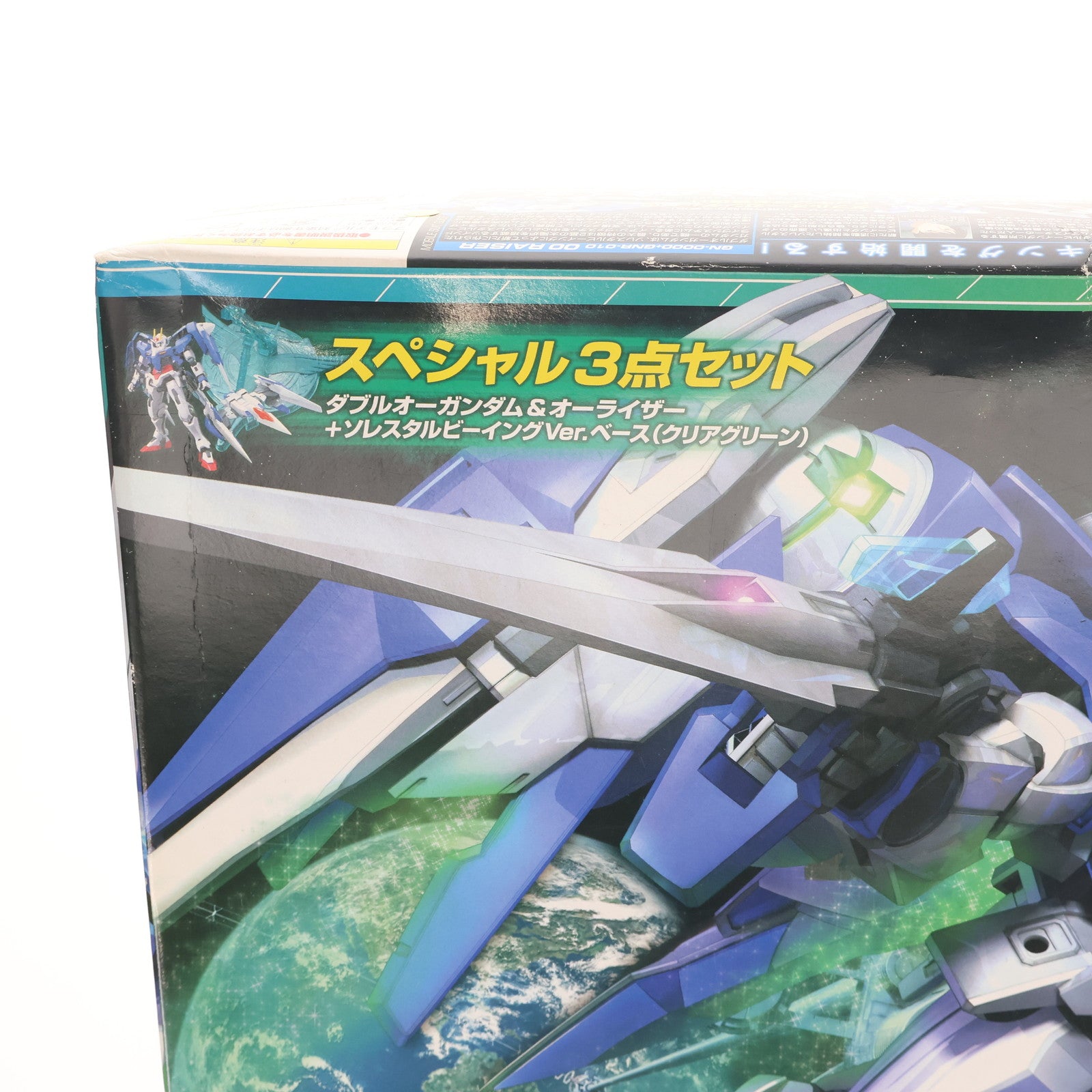 【中古即納】[PTM] 1/100 GN-0000+GNR-010 ダブルオーライザー(ダブルオーガンダム&オーライザー+ソレスタルビーイングVer.ベース クリアグリーン) スペシャル3点セット 機動戦士ガンダム00(ダブルオー) プラモデル(0156889) バンダイ(20081231)