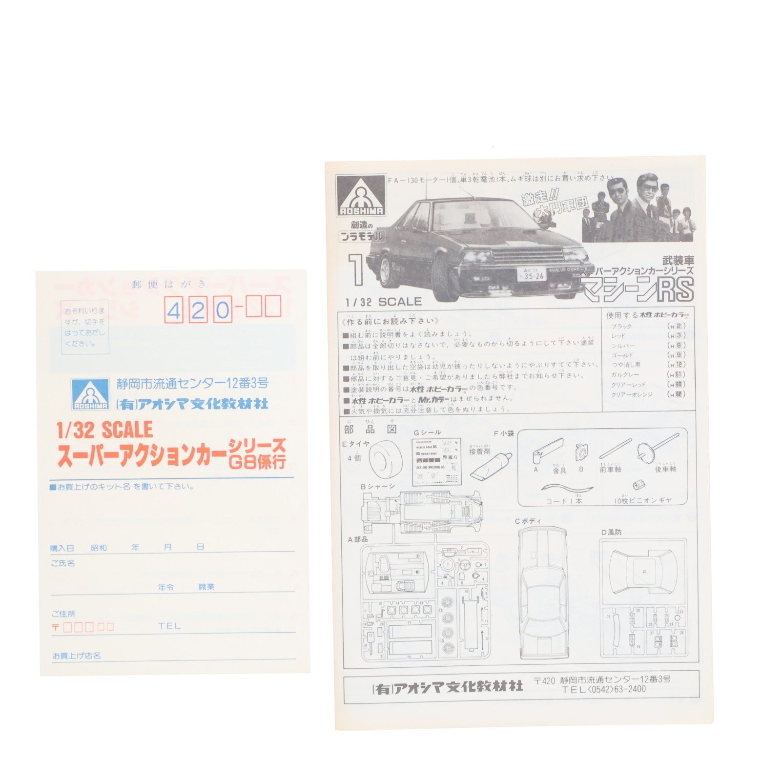 【中古即納】[PTM] スーパーアクションカーシリーズ No.1 1/32 NISSAN スカイライン2000RS 武装車 マシーンRS 西部警察 モーターライズキット プラモデル アオシマ(19991231)