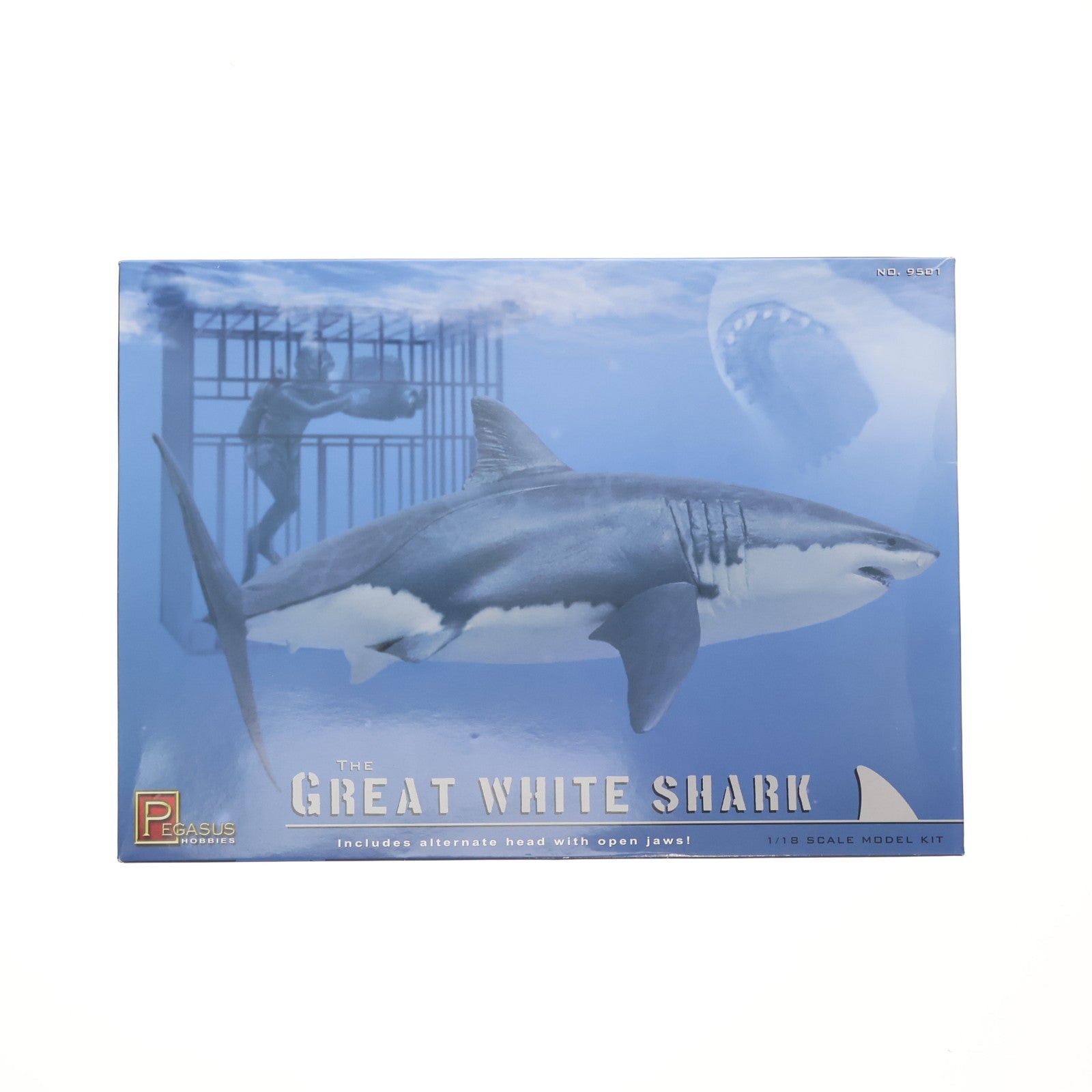 【中古即納】[PTM] 1/18 THE GREAT WHITE SHARK 海の最強ハンター ホホジロザメ w/ダイバー+ケージ プラモデル(9501) ペガサスホビー(20130630)