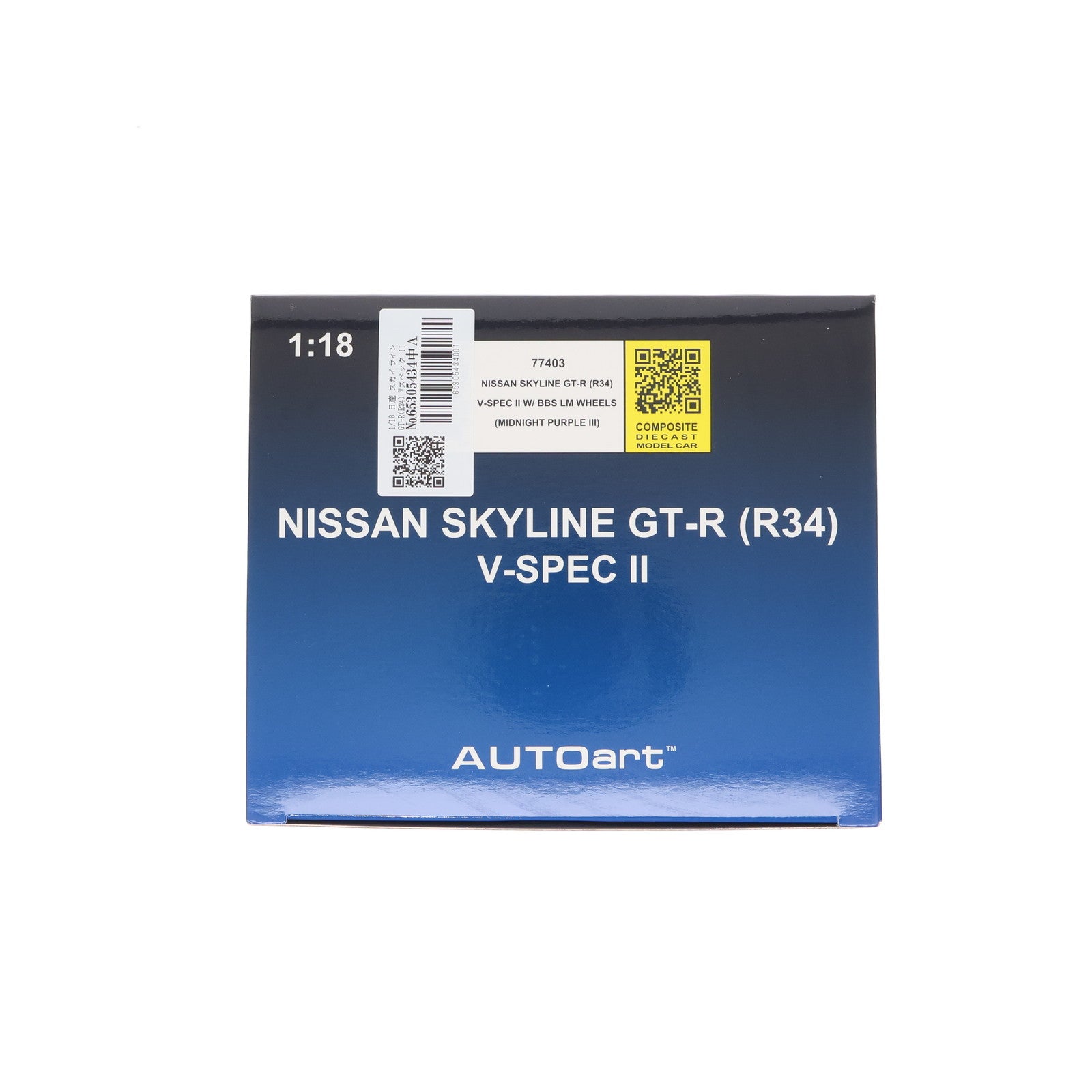 【中古即納】[MDL] オートアート・コンポジットモデルシリーズ 1/18 日産 スカイライン GT-R(R34) Vスペック II BBS LM ホイール・バージョン(ミッドナイトパープルIII) 完成品 ミニカー(77403) AUTOart(オートアート)(20220930)