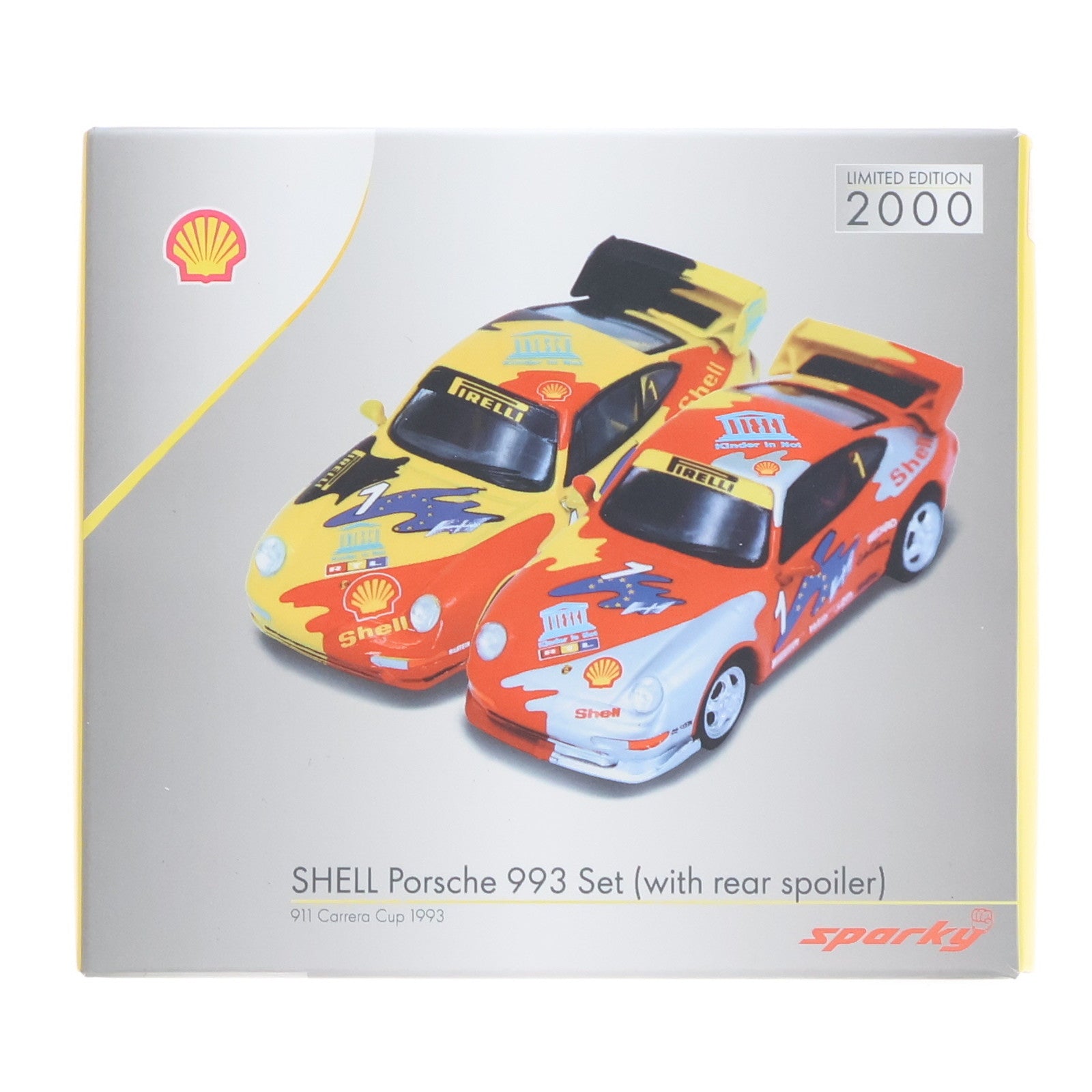【中古即納】[MDL] sparky Porsche×Tiny Shell 1/64 Porsche(ポルシェ) 993 Shell Carrera Cup 1993(2台セット) リアスポイラー付 完成品 ミニカー(YCOMBO64006) TOY EAST(トイ・イースト)(20241031)