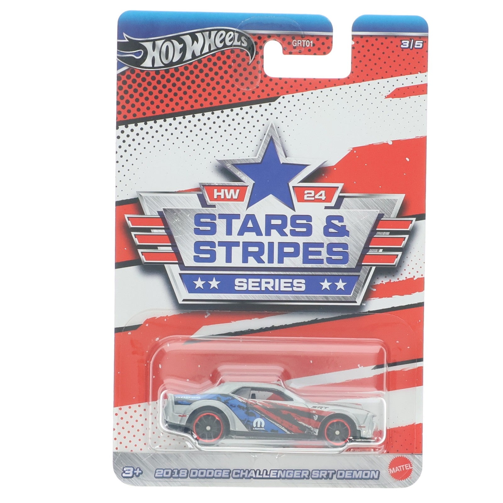 【中古即納】[MDL] Hot Wheels(ホットウィール) STARS&STRIPES SERIES 1/64 2018 DODGE CHALLENGER SRT DEMON(シルバー×ブルー×レッド) 完成品 ミニカー(HRW64) マテル(20241231)